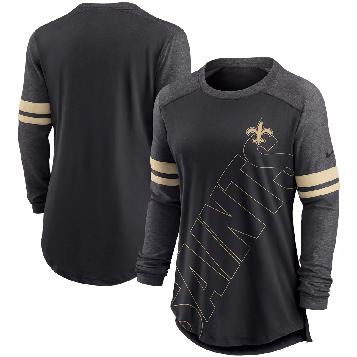 Women's Nike Black/Heathered Charcoal New Orleans Saints Team Outline Raglan Performance Long Sleeve T-Shirt 2 Women's Nike Black/Heathered Charcoal New Orleans Saints Team Outline Raglan Performance Long Sleeve T-Shirt