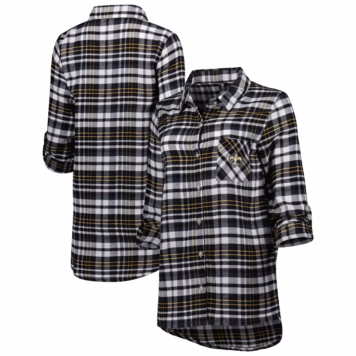 Women's Concepts Sport Black New Orleans Saints Mainstay Plaid Full-Button Long Sleeve Nightshirt