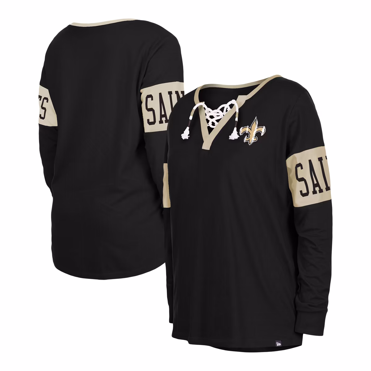 Women's New Era Black New Orleans Saints Lace-Up Notch Neck Long Sleeve T-Shirt