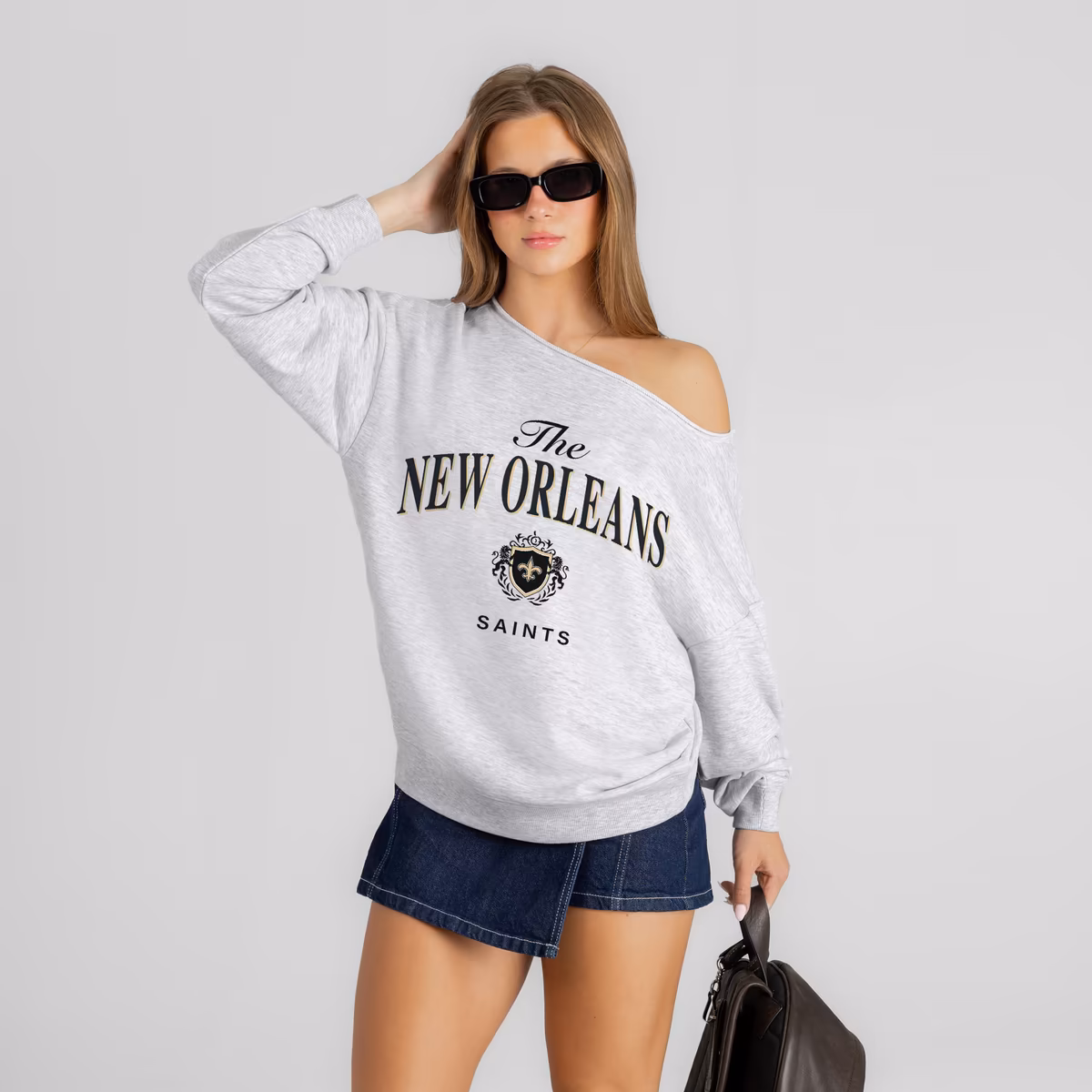 Women's Gameday Couture Ash New Orleans Saints Offsides Energy Off-Shoulder Sweatshirt 2 Women's Gameday Couture Ash New Orleans Saints Offsides Energy Off-Shoulder Sweatshirt