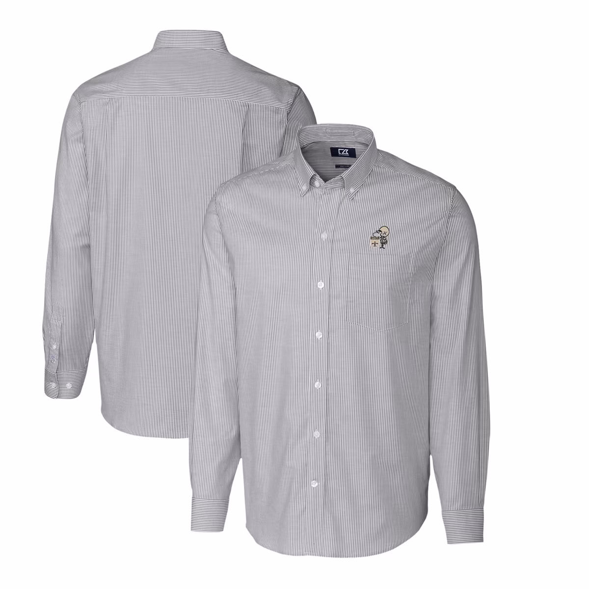 Men's Cutter & Buck Charcoal New Orleans Saints Throwback Logo Stretch Oxford Stripe Long Sleeve Button Down Shirt 8 Men's Cutter & Buck Charcoal New Orleans Saints Throwback Logo Stretch Oxford Stripe Long Sleeve Button Down Shirt