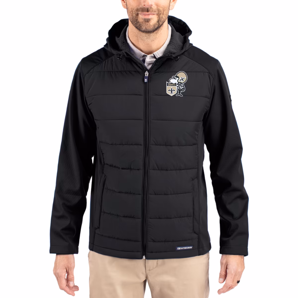 Men's Cutter & Buck Black New Orleans Saints Throwback Evoke Hybrid Eco Softshell Recycled Full-Zip Hoodie Jacket 14 Men's Cutter & Buck Black New Orleans Saints Throwback Evoke Hybrid Eco Softshell Recycled Full-Zip Hoodie Jacket