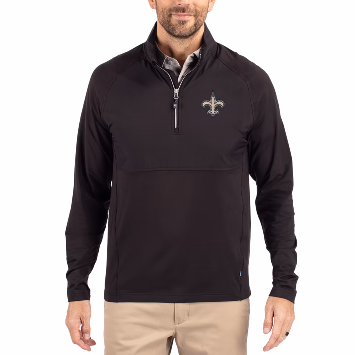 Men's Cutter & Buck Black New Orleans Saints Adapt Eco Knit Hybrid Recycled Quarter-Zip Raglan Jacket