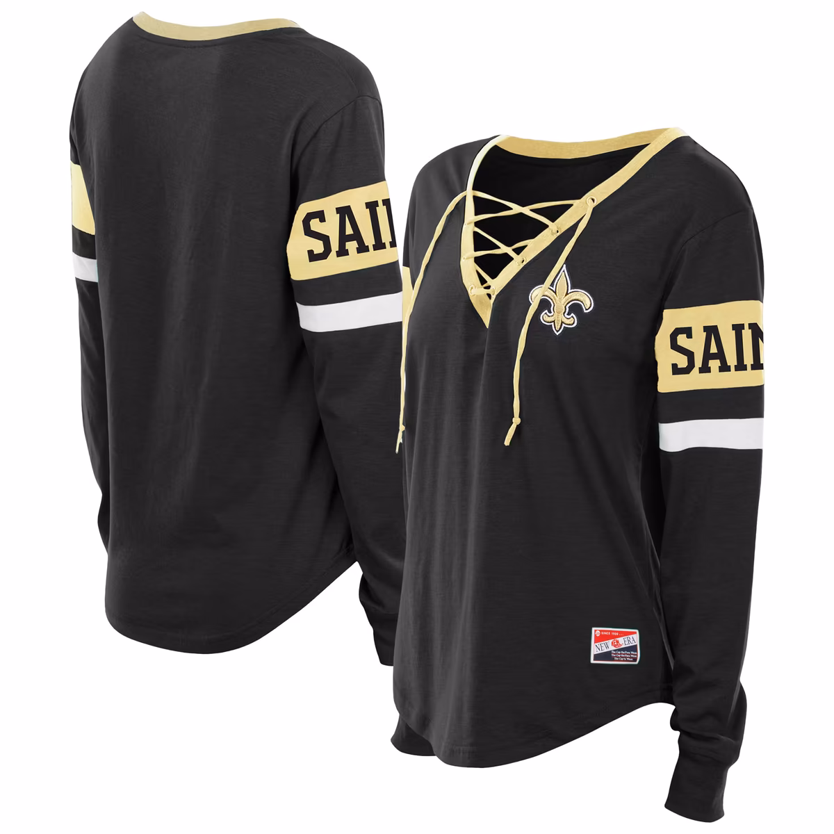 Women's New Era Black New Orleans Saints Plus Size Throwback Lace-Up Long Sleeve T-Shirt 1 Women's New Era Black New Orleans Saints Plus Size Throwback Lace-Up Long Sleeve T-Shirt