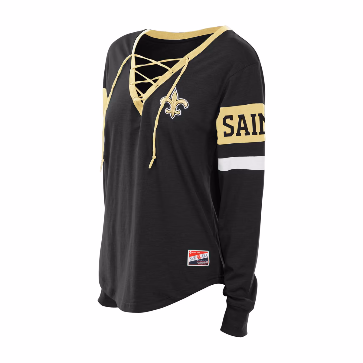 Women's New Era Black New Orleans Saints Plus Size Throwback Lace-Up Long Sleeve T-Shirt 3 Women's New Era Black New Orleans Saints Plus Size Throwback Lace-Up Long Sleeve T-Shirt