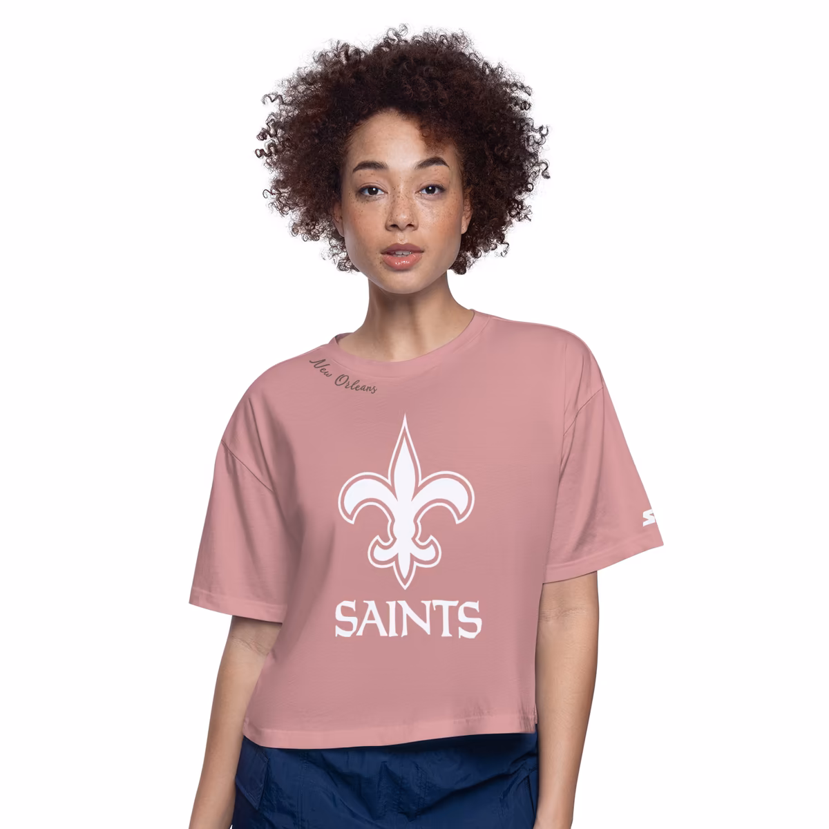 Women's Starter Pink New Orleans Saints Play the Ball Boxy Cropped T-Shirt 1 Women's Starter Pink New Orleans Saints Play the Ball Boxy Cropped T-Shirt