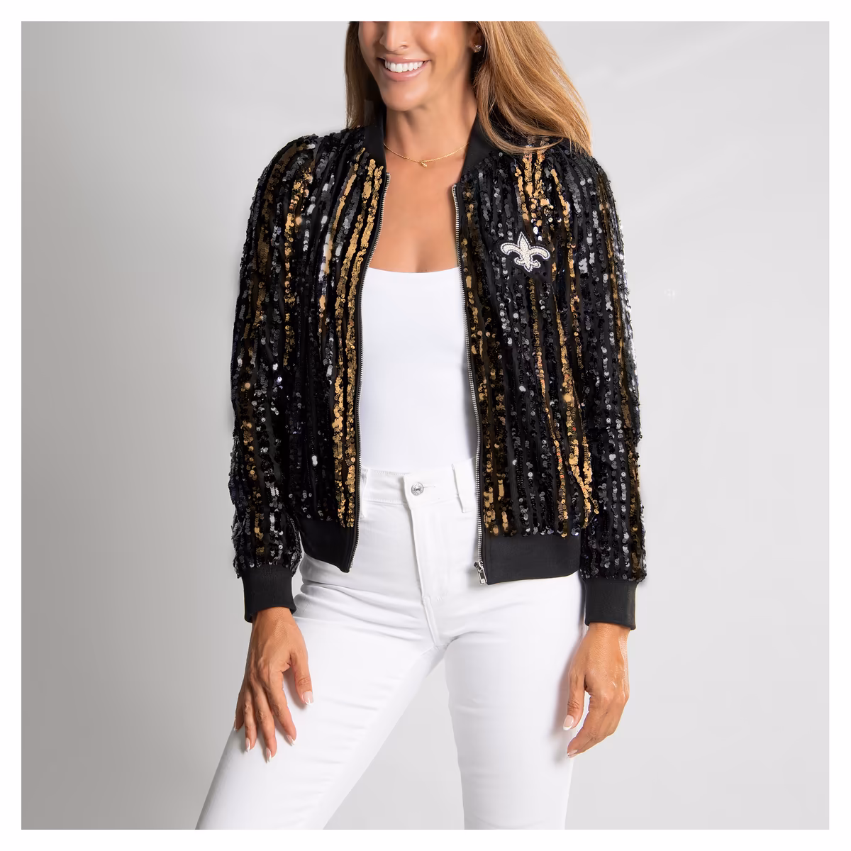 Women's FABGATING by Cuce Black New Orleans Saints Slim Fit Sequin Striped Full-Zip Bomber Jacket 2 Women's FABGATING by Cuce Black New Orleans Saints Slim Fit Sequin Striped Full-Zip Bomber Jacket
