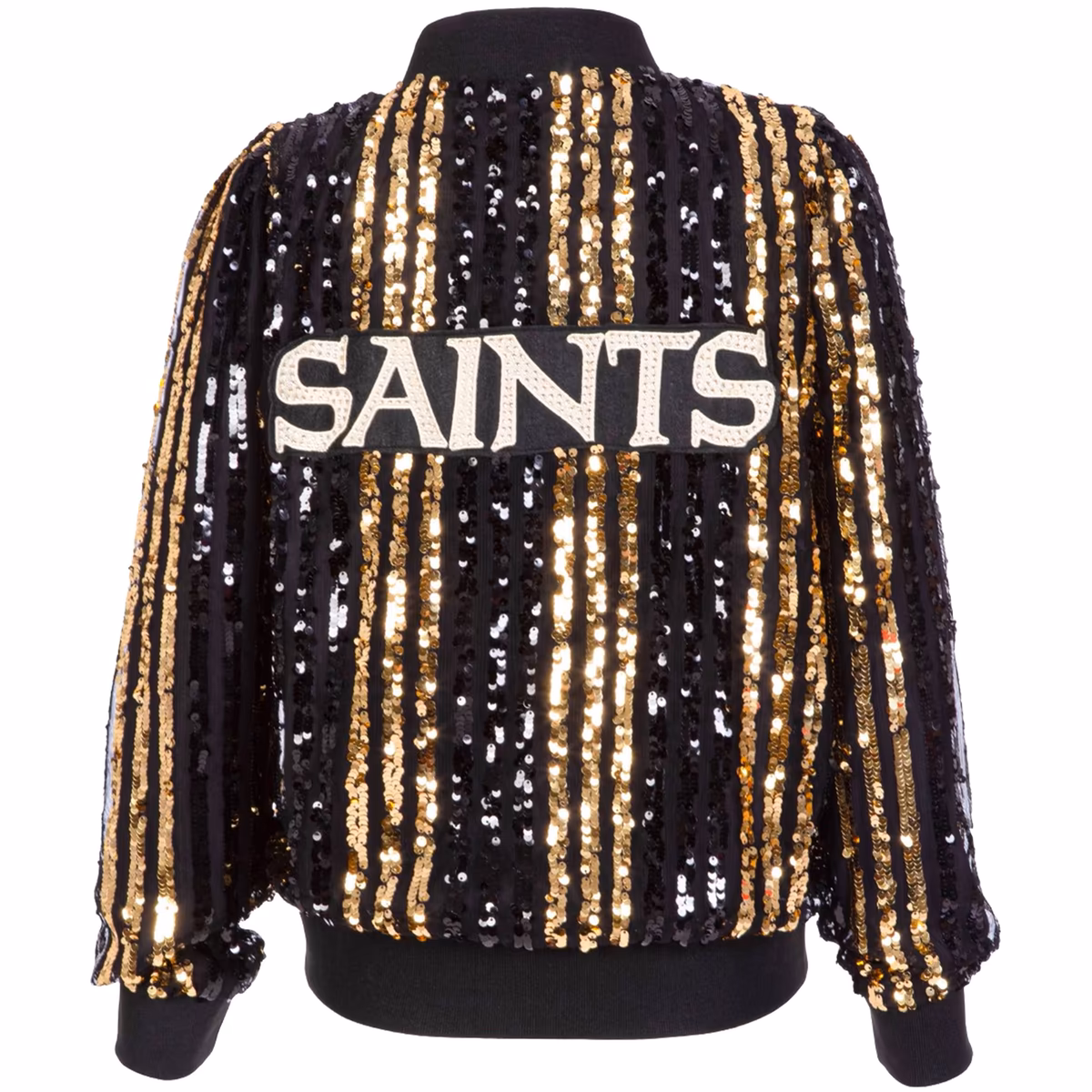 Women's FABGATING by Cuce Black New Orleans Saints Slim Fit Sequin Striped Full-Zip Bomber Jacket 4 Women's FABGATING by Cuce Black New Orleans Saints Slim Fit Sequin Striped Full-Zip Bomber Jacket