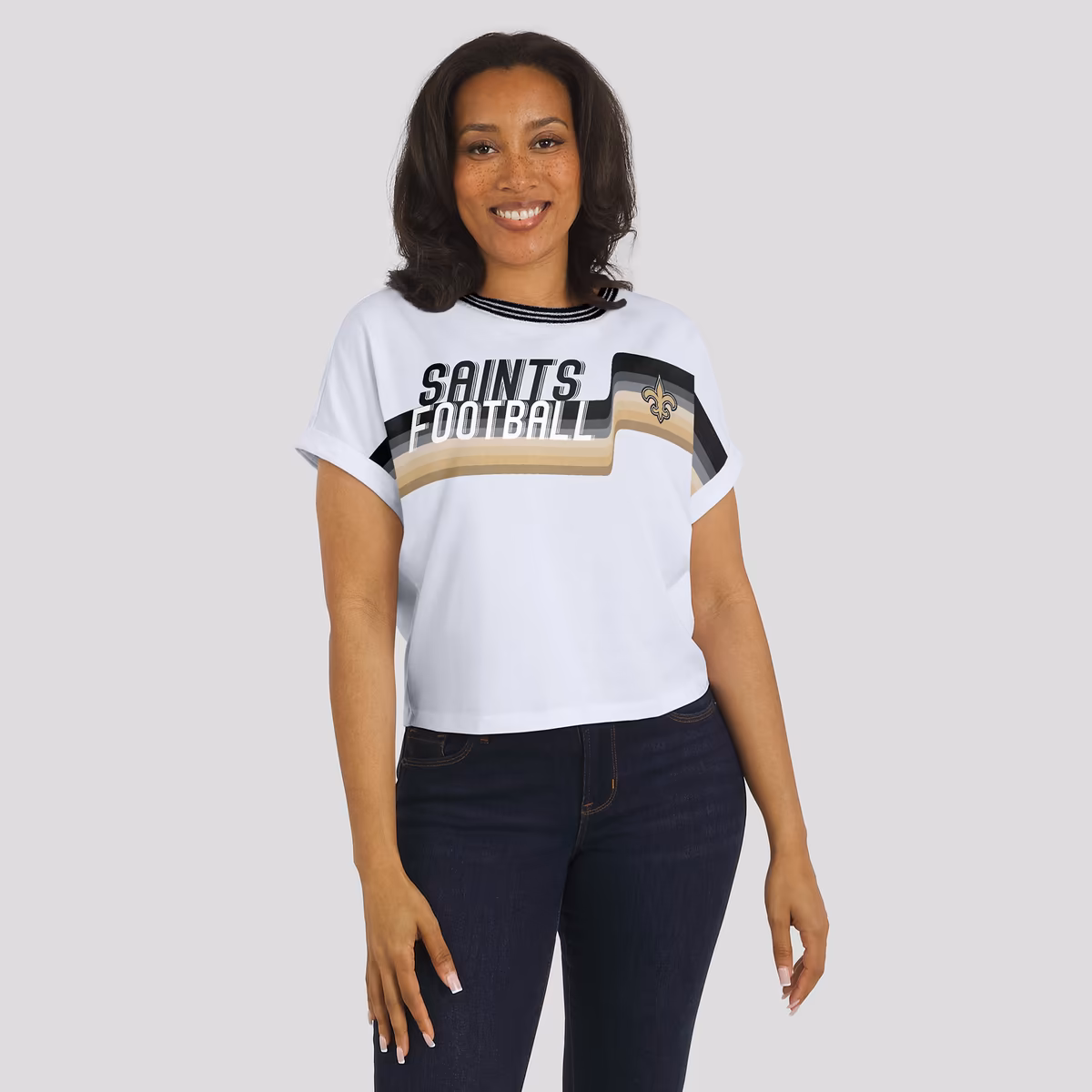 Women's WEAR by Erin Andrews White New Orleans Saints Cropped Center Stripe Dolman T-Shirt 5 Women's WEAR by Erin Andrews White New Orleans Saints Cropped Center Stripe Dolman T-Shirt