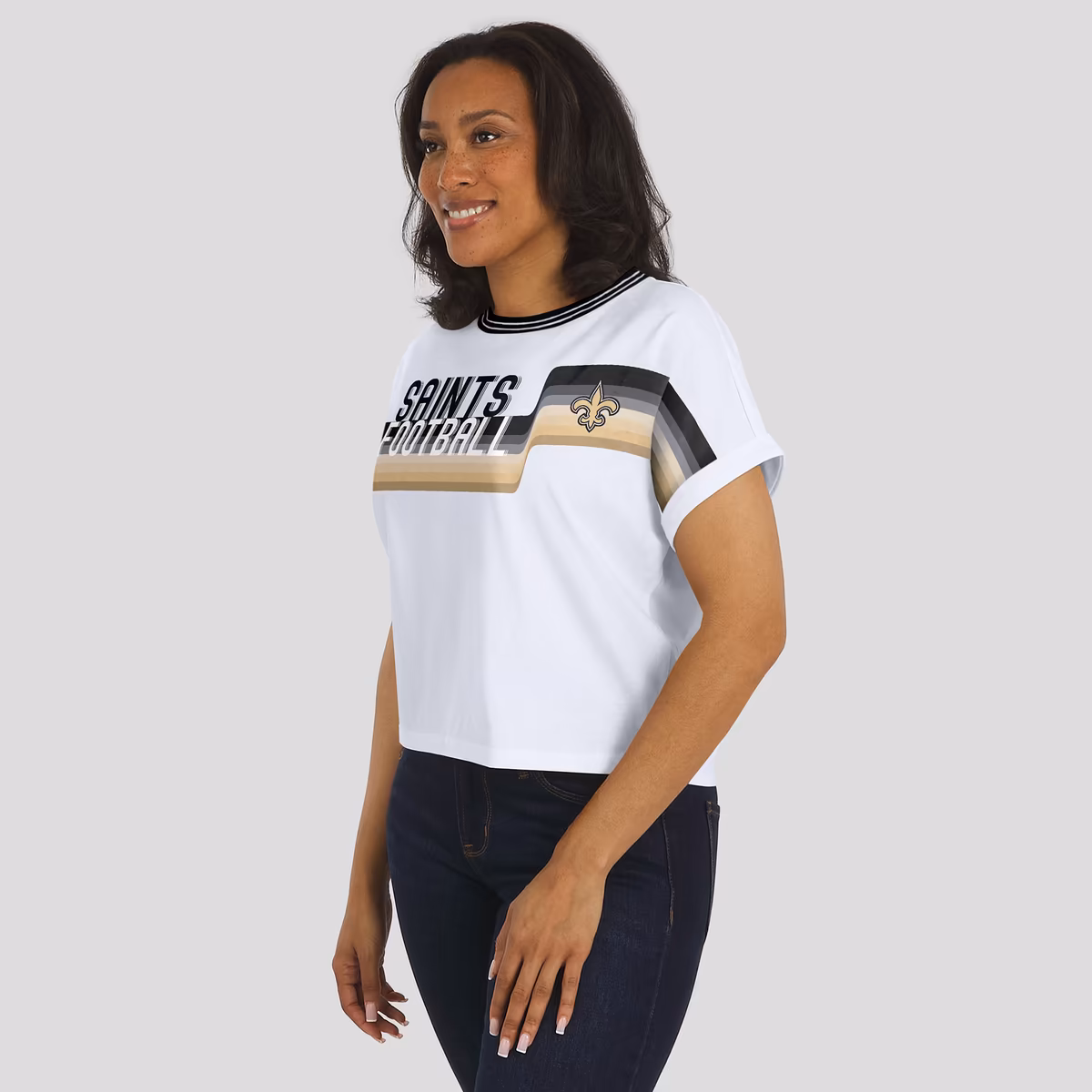 Women's WEAR by Erin Andrews White New Orleans Saints Cropped Center Stripe Dolman T-Shirt 6 Women's WEAR by Erin Andrews White New Orleans Saints Cropped Center Stripe Dolman T-Shirt