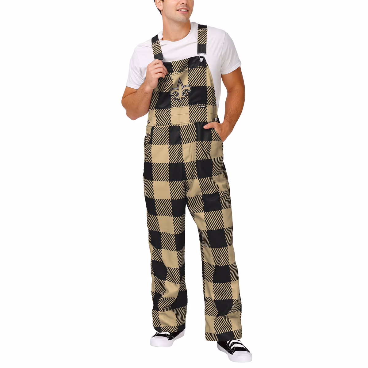 Men's FOCO Black New Orleans Saints Big Logo Plaid Overalls 3 Men's FOCO Black New Orleans Saints Big Logo Plaid Overalls