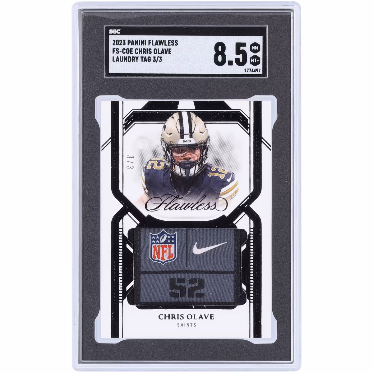 Chris Olave New Orleans Saints 2023 Panini Flawless Laundry Tag Relic #FS-COE #3/3 SGC Authenticated 8.5 Card