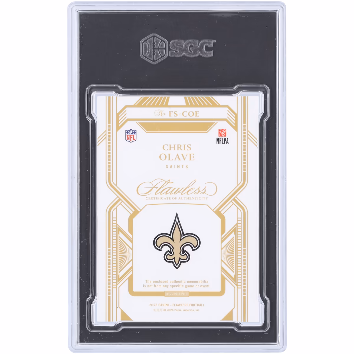 Chris Olave New Orleans Saints 2023 Panini Flawless Laundry Tag Relic #FS-COE #3/3 SGC Authenticated 8.5 Card 3 Chris Olave New Orleans Saints 2023 Panini Flawless Laundry Tag Relic #FS-COE #3/3 SGC Authenticated 8.5 Card