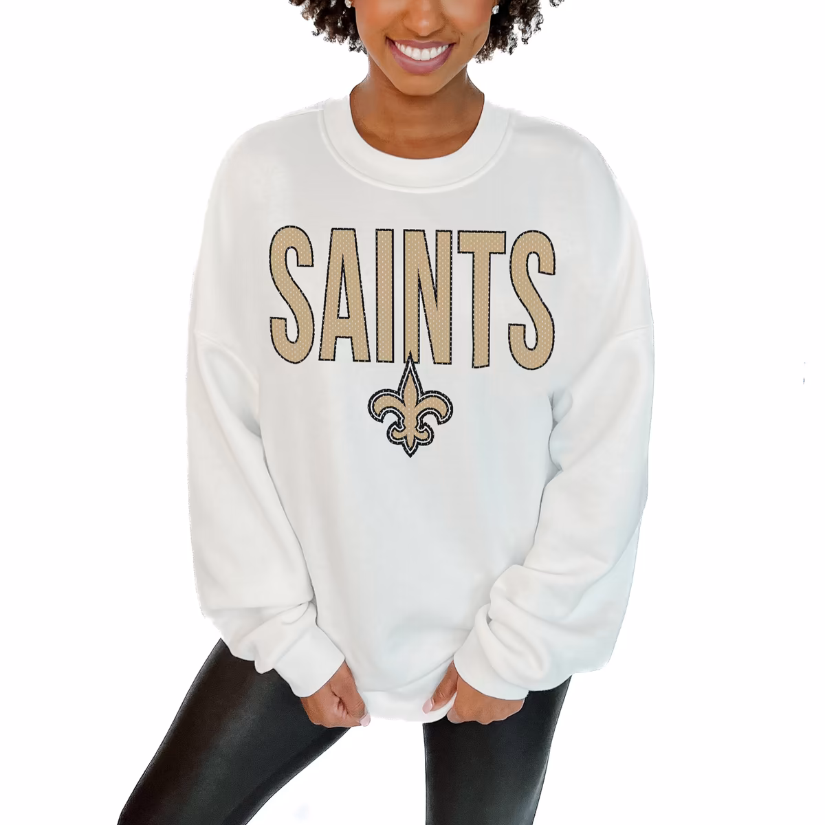 Women's Gameday Couture  White New Orleans Saints  Just Go With It Oversized Long Sleeve Crewneck Sweatshirt
