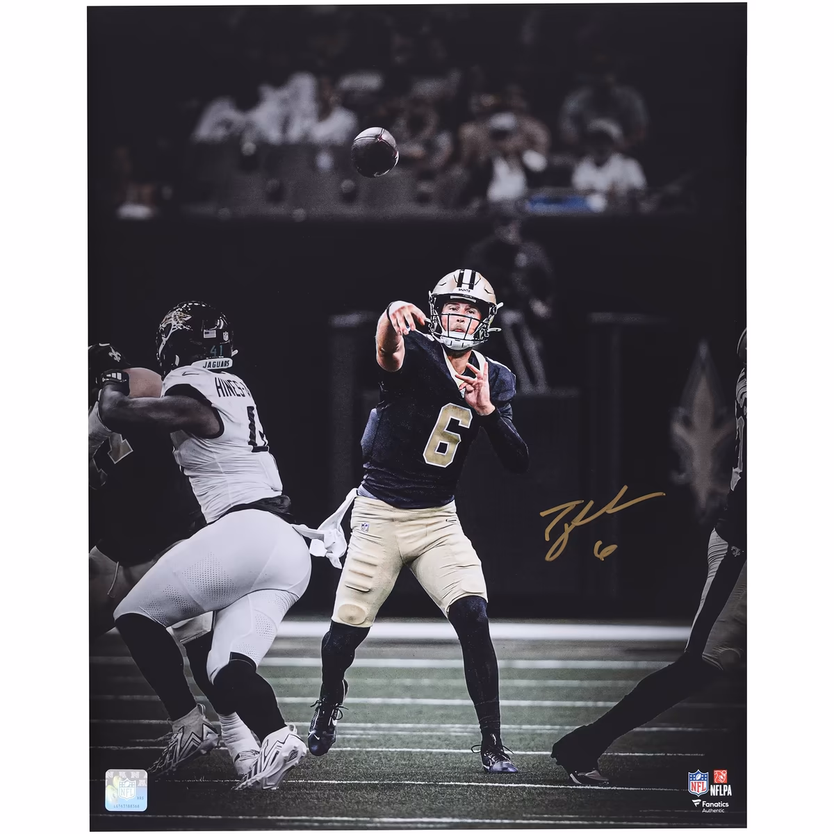 Tyler Shough New Orleans Saints Autographed 16" x 20" Pocket Throwing Spotlight Photograph