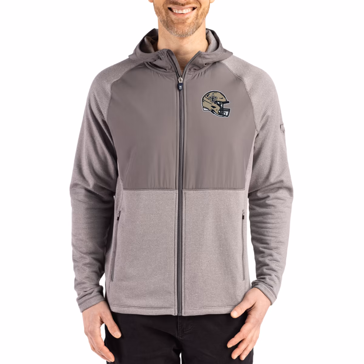 Men's Cutter & Buck Heather Gray New Orleans Saints Peshastin Eco Fleece Recycled Raglan Full-Zip Tri-Blend Hybrid Jacket 5 Men's Cutter & Buck Heather Gray New Orleans Saints Peshastin Eco Fleece Recycled Raglan Full-Zip Tri-Blend Hybrid Jacket