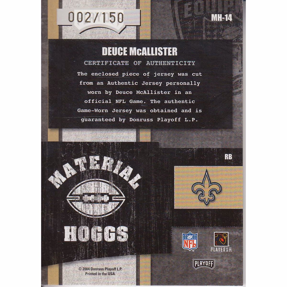 2004 Playoff Hogg Heaven Material Hoggs Bronze #MH14 Deuce McAllister