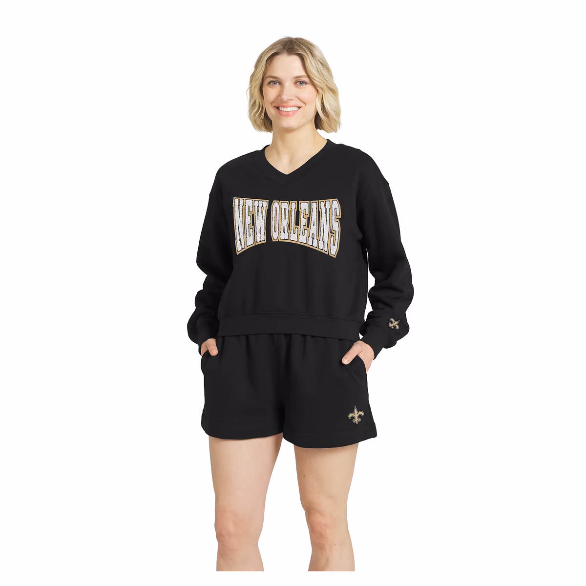 Women's WEAR by Erin Andrews Black New Orleans Saints Fleece V-Neck Lounge Set 2 Women's WEAR by Erin Andrews Black New Orleans Saints Fleece V-Neck Lounge Set