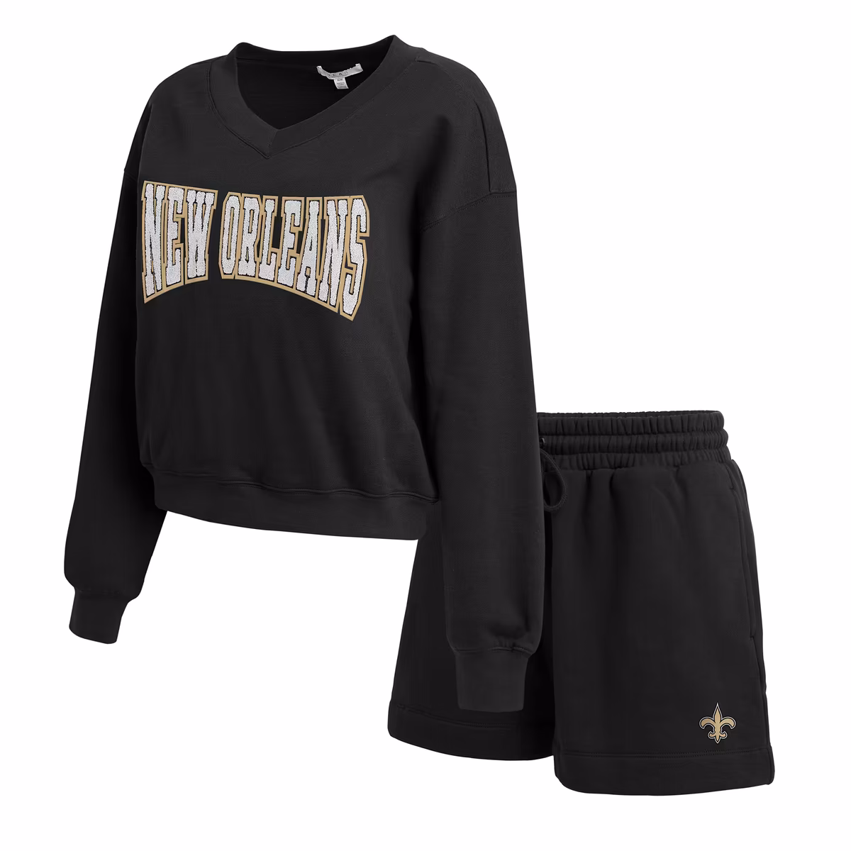 Women's WEAR by Erin Andrews Black New Orleans Saints Fleece V-Neck Lounge Set 4 Women's WEAR by Erin Andrews Black New Orleans Saints Fleece V-Neck Lounge Set