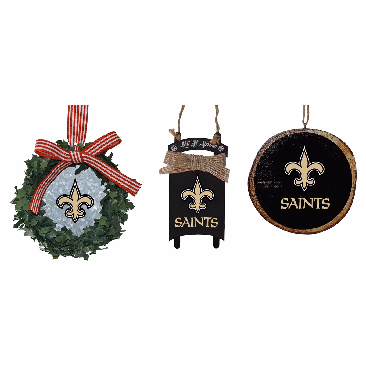 The Memory Company New Orleans Saints Three-Pack Wreath, Sled & Circle Ornament Set 12 The Memory Company New Orleans Saints Three-Pack Wreath, Sled & Circle Ornament Set