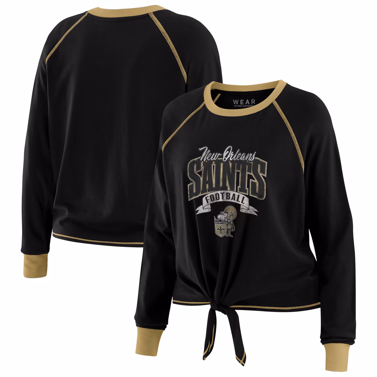Women's WEAR by Erin Andrews Black/Gold New Orleans Saints Plus Size Tie-Front Long Sleeve Top