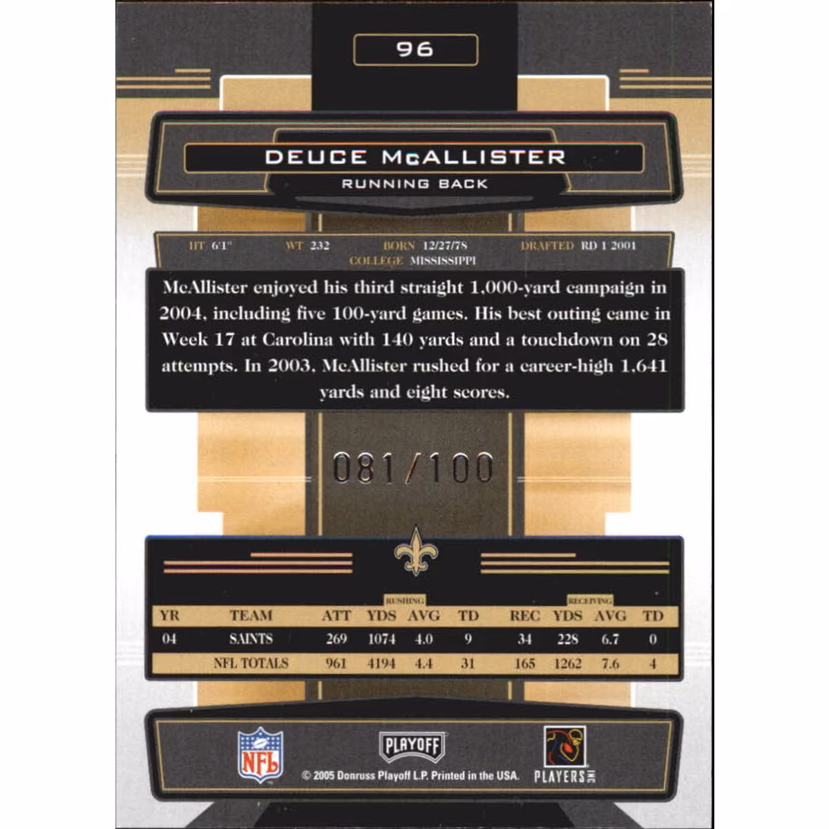 2005 Absolute Memorabilia Spectrum Silver #96 Deuce McAllister