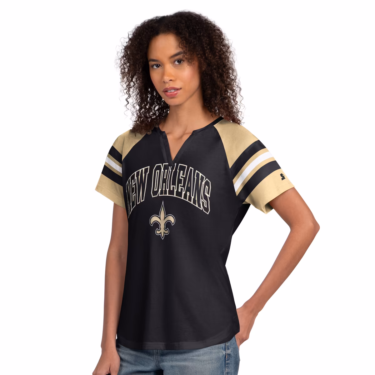 Women's Starter Black New Orleans Saints Game On Notch Neck Raglan T-Shirt 2 Women's Starter Black New Orleans Saints Game On Notch Neck Raglan T-Shirt