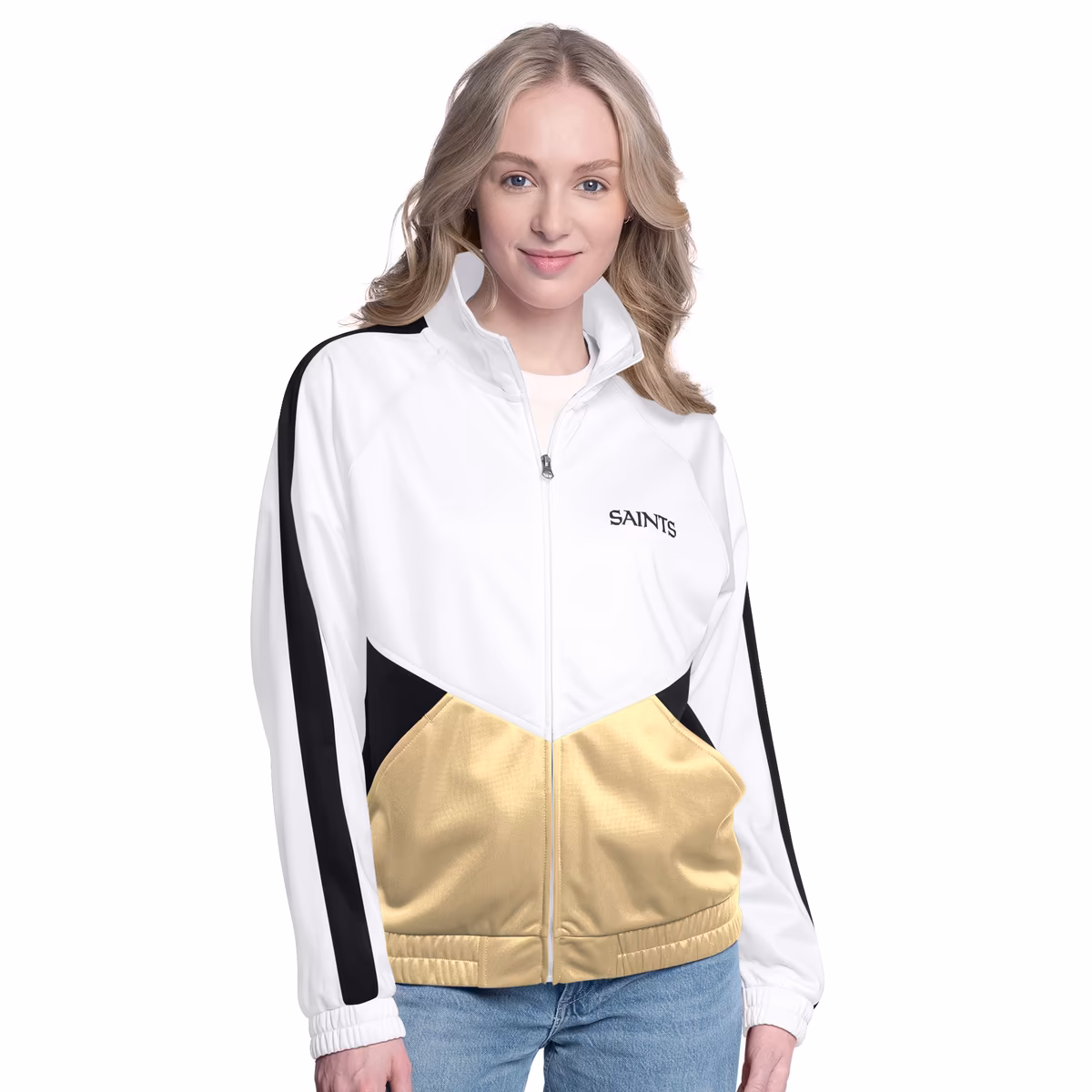 Women's G-III 4Her by Carl Banks White/Black New Orleans Saints Rally Rhinestone Full-Zip Track Jacket