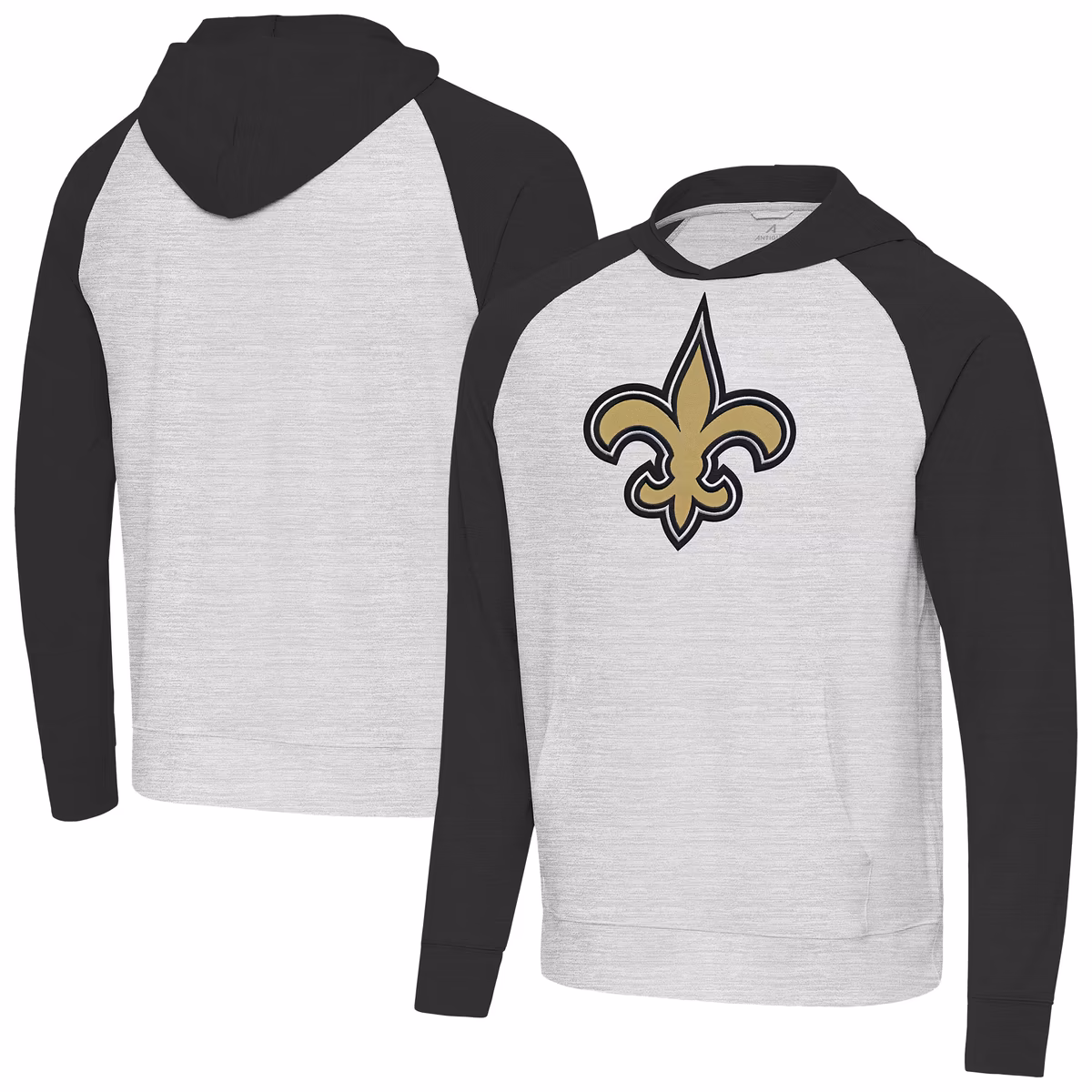 Men's Antigua Heather Gray/Black New Orleans Saints Urgent Raglan Pullover Hoodie
