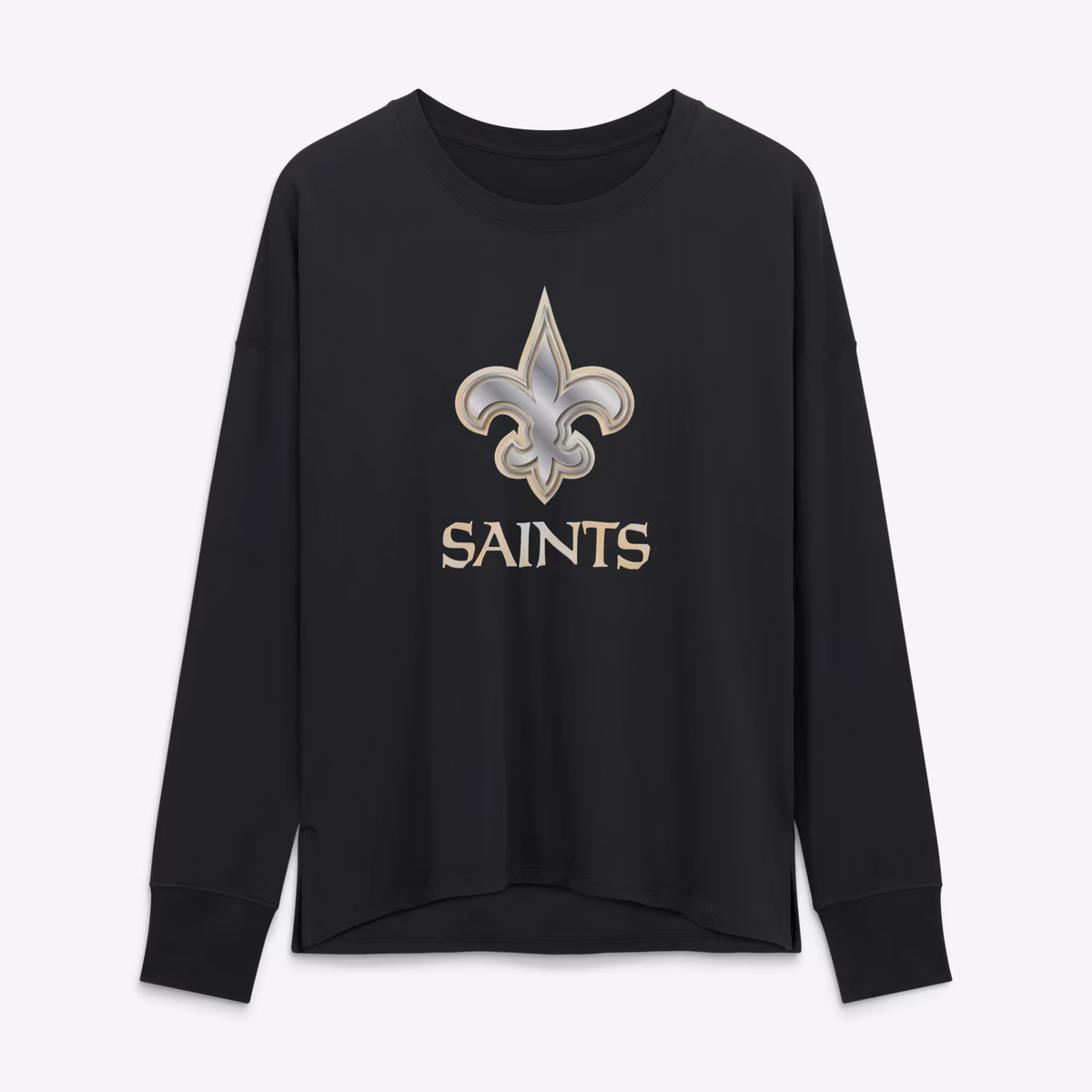 Women's Black New Orleans Saints Metallic Mascot Long Sleeve T-Shirt 2 Women's Black New Orleans Saints Metallic Mascot Long Sleeve T-Shirt