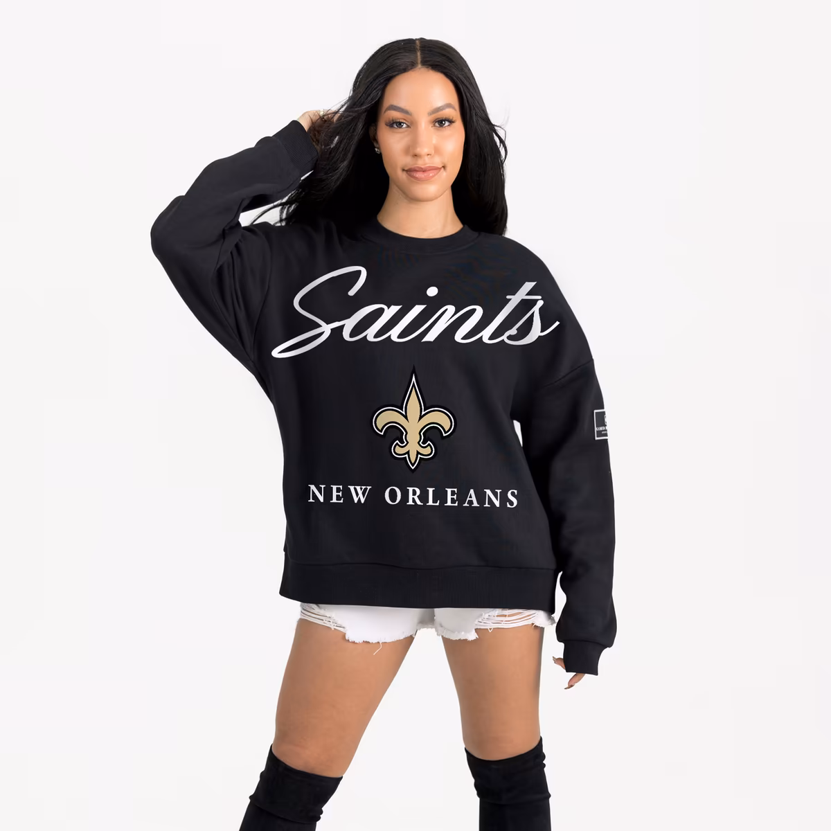 Women's Gameday Couture Black New Orleans Saints Legacy Club Premium Fleece Drop Shoulder Oversized Sweatshirt
