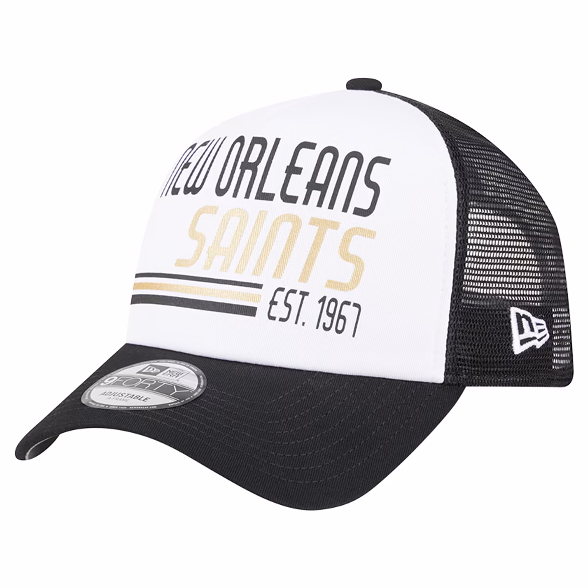 Men's New Era White/Black New Orleans Saints Stacked A-Frame Trucker 9FORTY Adjustable Hat 2 Men's New Era White/Black New Orleans Saints Stacked A-Frame Trucker 9FORTY Adjustable Hat
