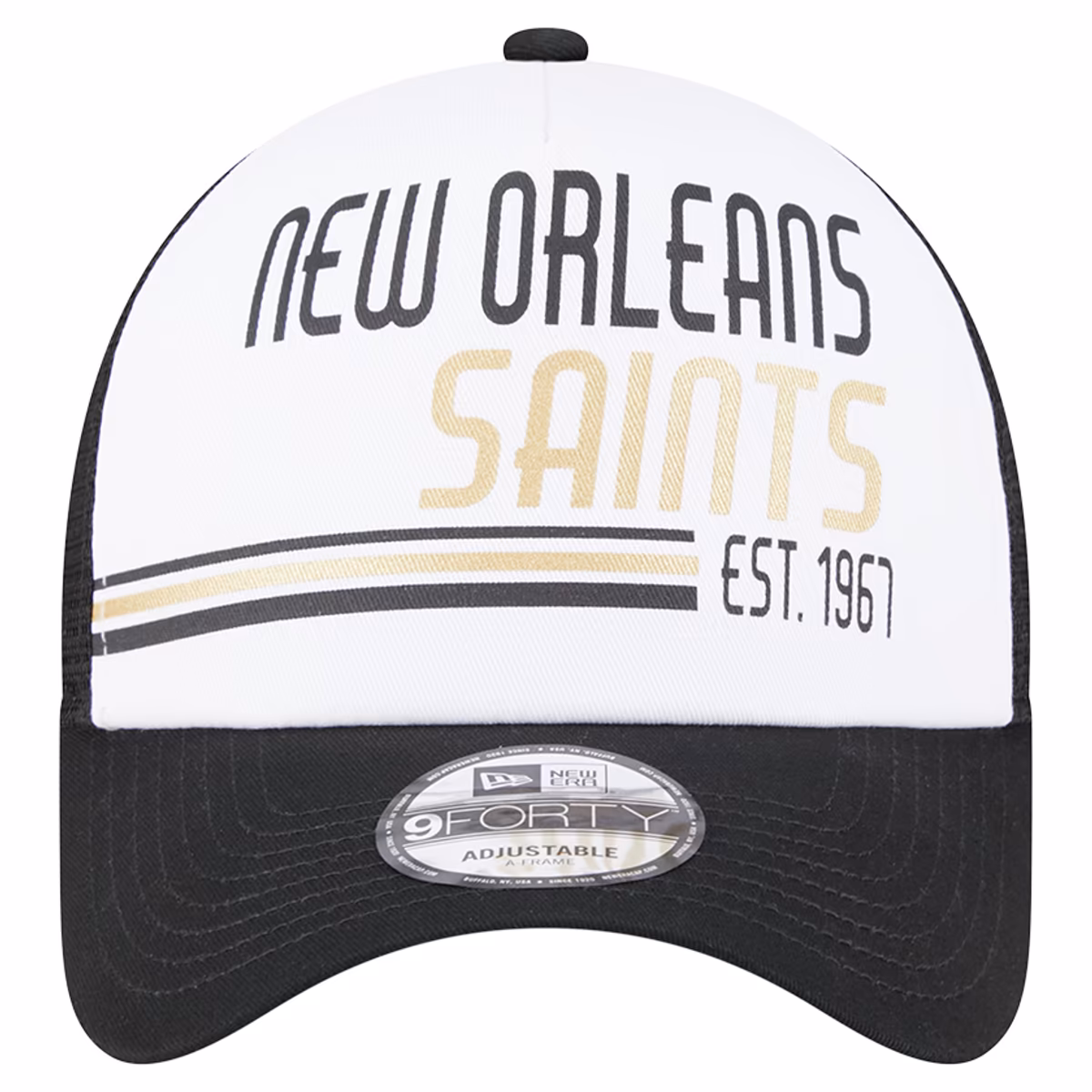 Men's New Era White/Black New Orleans Saints Stacked A-Frame Trucker 9FORTY Adjustable Hat 3 Men's New Era White/Black New Orleans Saints Stacked A-Frame Trucker 9FORTY Adjustable Hat