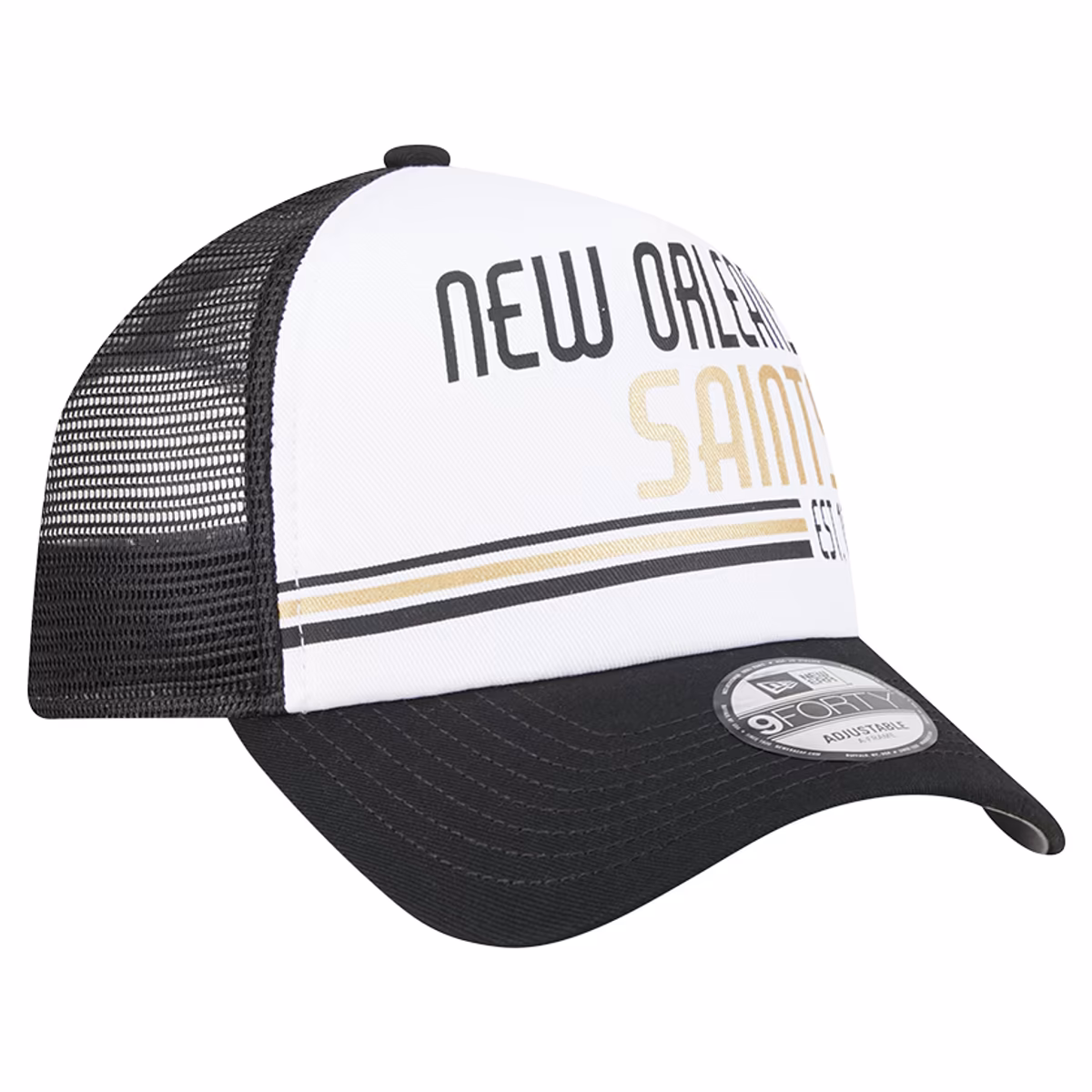 Men's New Era White/Black New Orleans Saints Stacked A-Frame Trucker 9FORTY Adjustable Hat 4 Men's New Era White/Black New Orleans Saints Stacked A-Frame Trucker 9FORTY Adjustable Hat