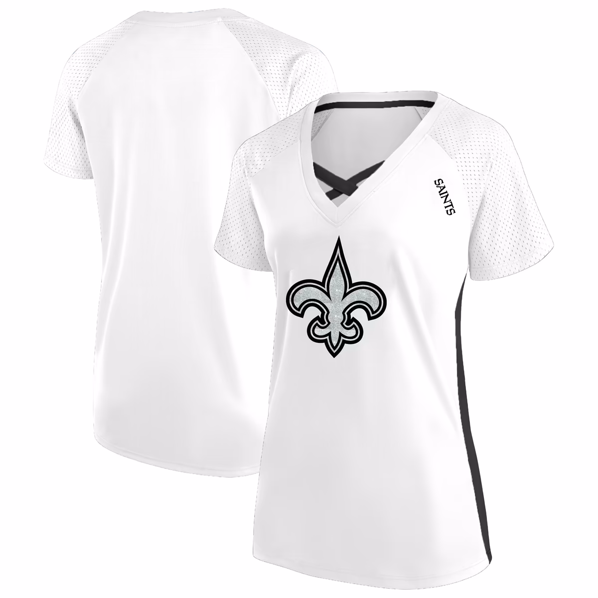 Women's Fanatics White New Orleans Saints Plus Size Glitter Lace-Up V- Neck T-Shirt 6 Women's Fanatics White New Orleans Saints Plus Size Glitter Lace-Up V- Neck T-Shirt