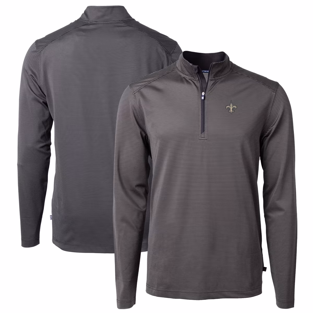 Men's Cutter & Buck Black/Gray New Orleans Saints Virtue Eco Pique Micro Stripe Recycled Quarter-Zip Pullover Top 1 Men's Cutter & Buck Black/Gray New Orleans Saints Virtue Eco Pique Micro Stripe Recycled Quarter-Zip Pullover Top