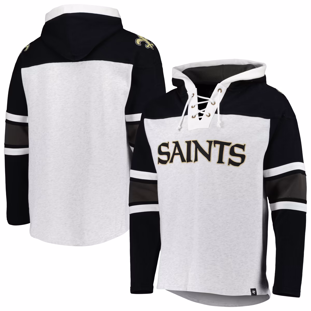 Men's '47 New Orleans Saints Heather Gray Gridiron Lace-Up Pullover Hoodie 3 Men's '47 New Orleans Saints Heather Gray Gridiron Lace-Up Pullover Hoodie