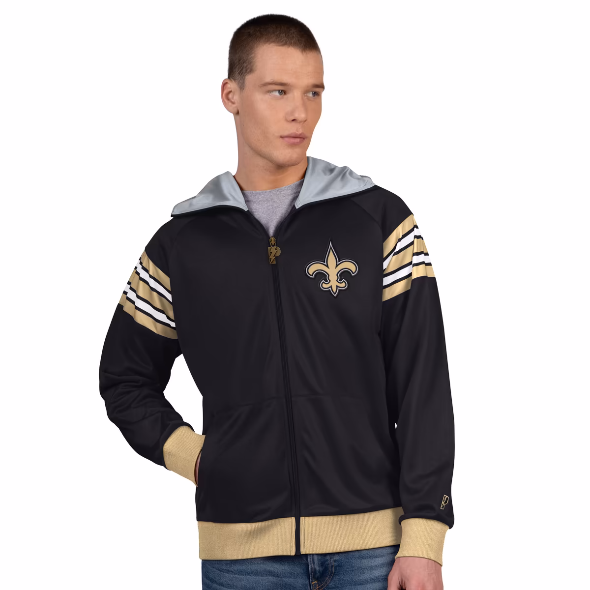 Men's Pro Player Black/Gold New Orleans Saints Helmet Full-Zip Hooded Track Jacket 2 Men's Pro Player Black/Gold New Orleans Saints Helmet Full-Zip Hooded Track Jacket