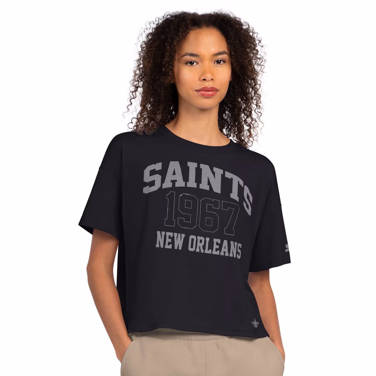 Women's Starter Black New Orleans Saints Rhinestone Boxy Cropped T-Shirt 2 Women's Starter Black New Orleans Saints Rhinestone Boxy Cropped T-Shirt
