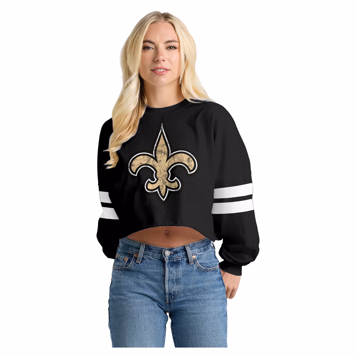 Women's Spirit Jersey Black New Orleans Saints Oversized Cropped Stripe Long Sleeve T-Shirt 2 Women's Spirit Jersey Black New Orleans Saints Oversized Cropped Stripe Long Sleeve T-Shirt