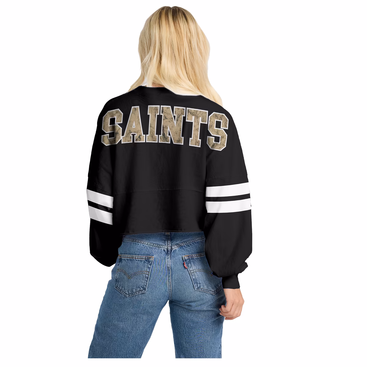 Women's Spirit Jersey Black New Orleans Saints Oversized Cropped Stripe Long Sleeve T-Shirt 3 Women's Spirit Jersey Black New Orleans Saints Oversized Cropped Stripe Long Sleeve T-Shirt