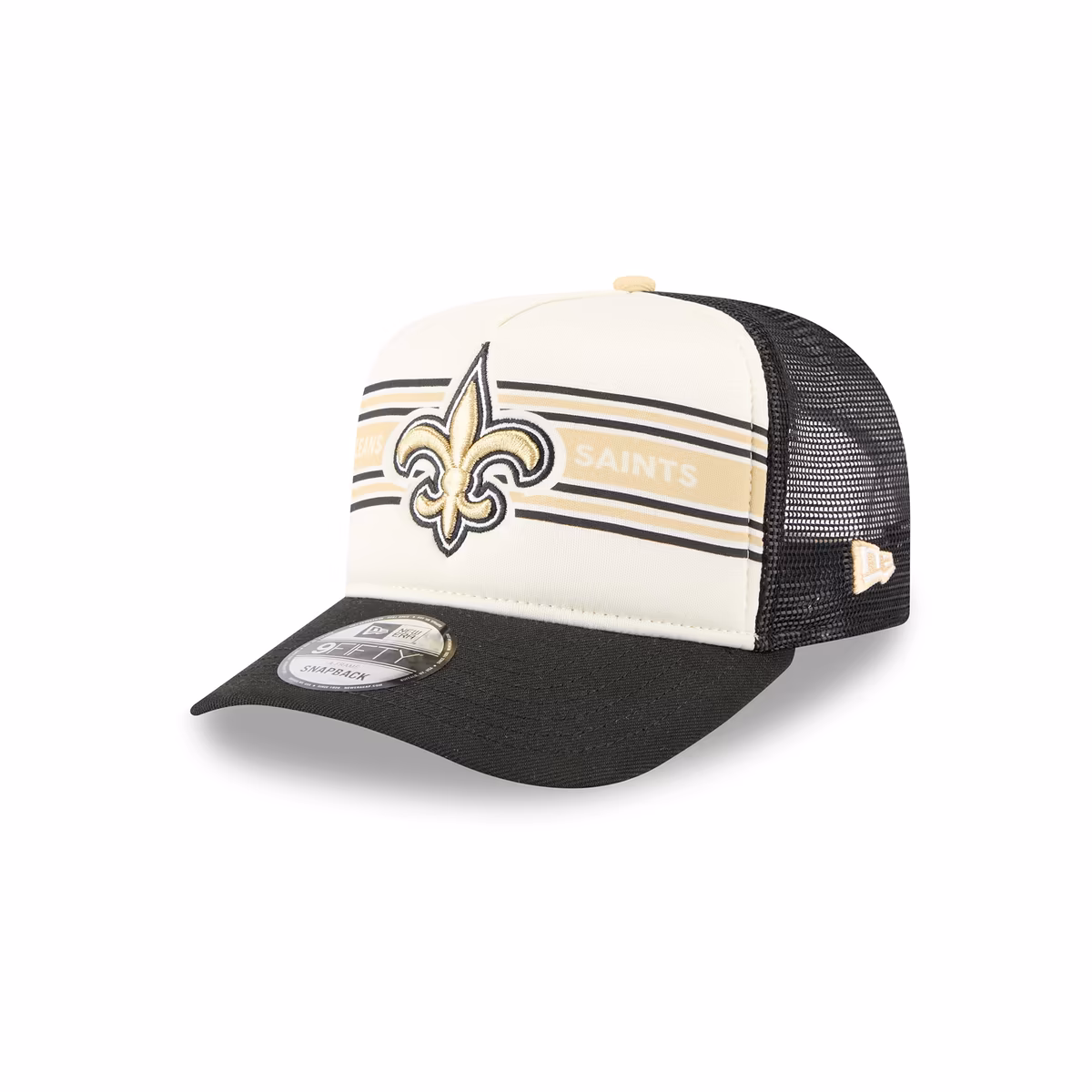 Men's New Era Cream/Black New Orleans Saints Banner A-Frame 9FIFTY Trucker Snapback Hat 9 Men's New Era Cream/Black New Orleans Saints Banner A-Frame 9FIFTY Trucker Snapback Hat