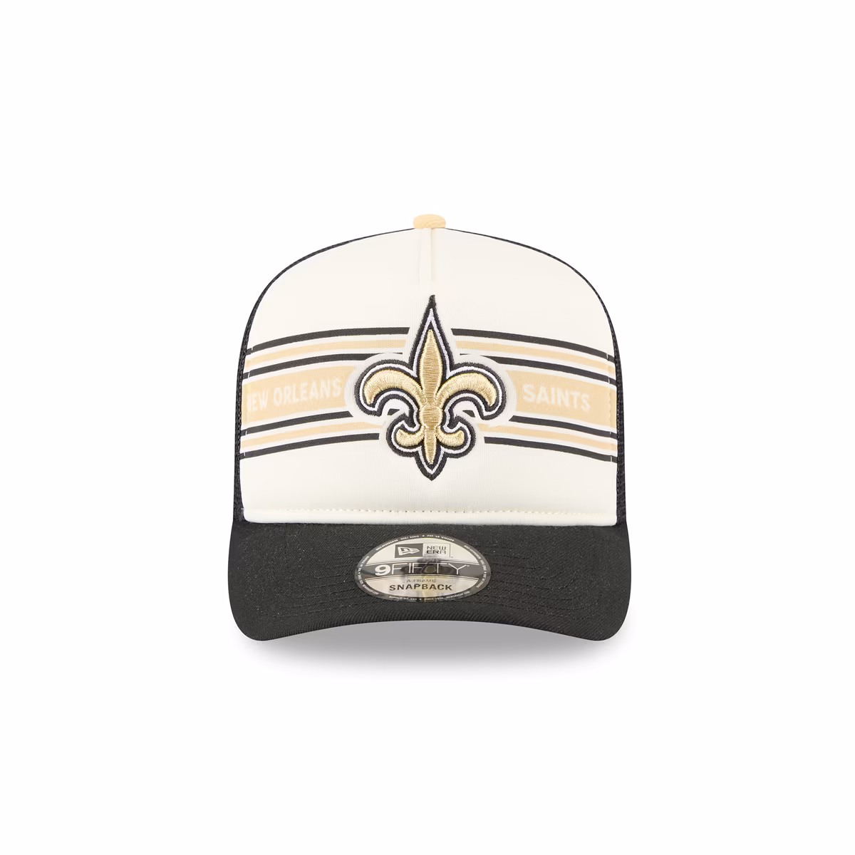 Men's New Era Cream/Black New Orleans Saints Banner A-Frame 9FIFTY Trucker Snapback Hat 3 Men's New Era Cream/Black New Orleans Saints Banner A-Frame 9FIFTY Trucker Snapback Hat