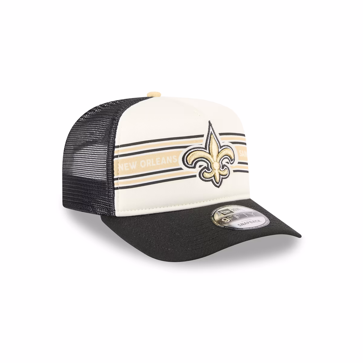 Men's New Era Cream/Black New Orleans Saints Banner A-Frame 9FIFTY Trucker Snapback Hat 4 Men's New Era Cream/Black New Orleans Saints Banner A-Frame 9FIFTY Trucker Snapback Hat