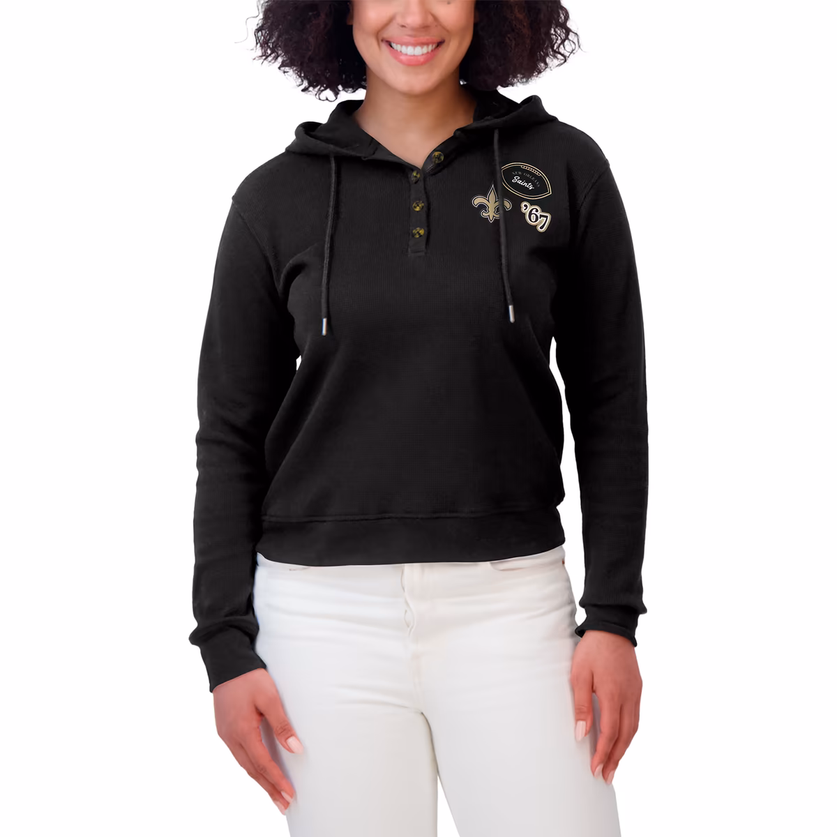 Women's WEAR by Erin Andrews Black New Orleans Saints Waffle Hoodie Pullover Top 5 Women's WEAR by Erin Andrews Black New Orleans Saints Waffle Hoodie Pullover Top