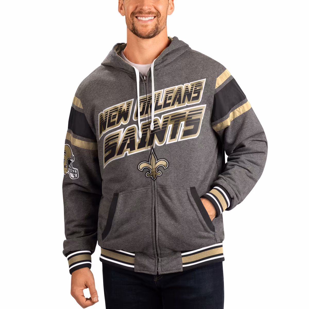 Men's G-III Sports by Carl Banks Gray/Black New Orleans Saints Extreme Full Back Reversible Hoodie Full-Zip Jacket 10 Men's G-III Sports by Carl Banks Gray/Black New Orleans Saints Extreme Full Back Reversible Hoodie Full-Zip Jacket