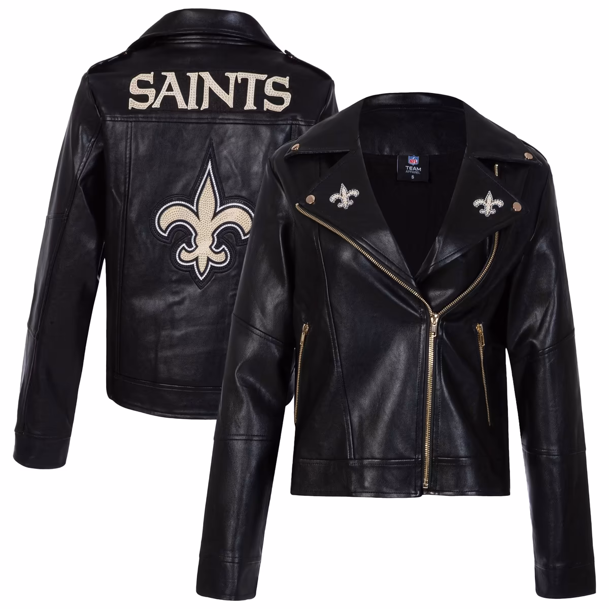 Women's Cuce Black New Orleans Saints Vegan Leather Full-Zip Moto Jacket with Rhinestones 7 Women's Cuce Black New Orleans Saints Vegan Leather Full-Zip Moto Jacket with Rhinestones