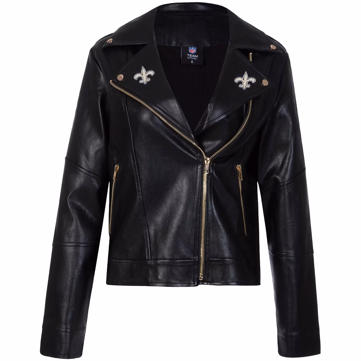 Women's Cuce Black New Orleans Saints Vegan Leather Full-Zip Moto Jacket with Rhinestones 3 Women's Cuce Black New Orleans Saints Vegan Leather Full-Zip Moto Jacket with Rhinestones