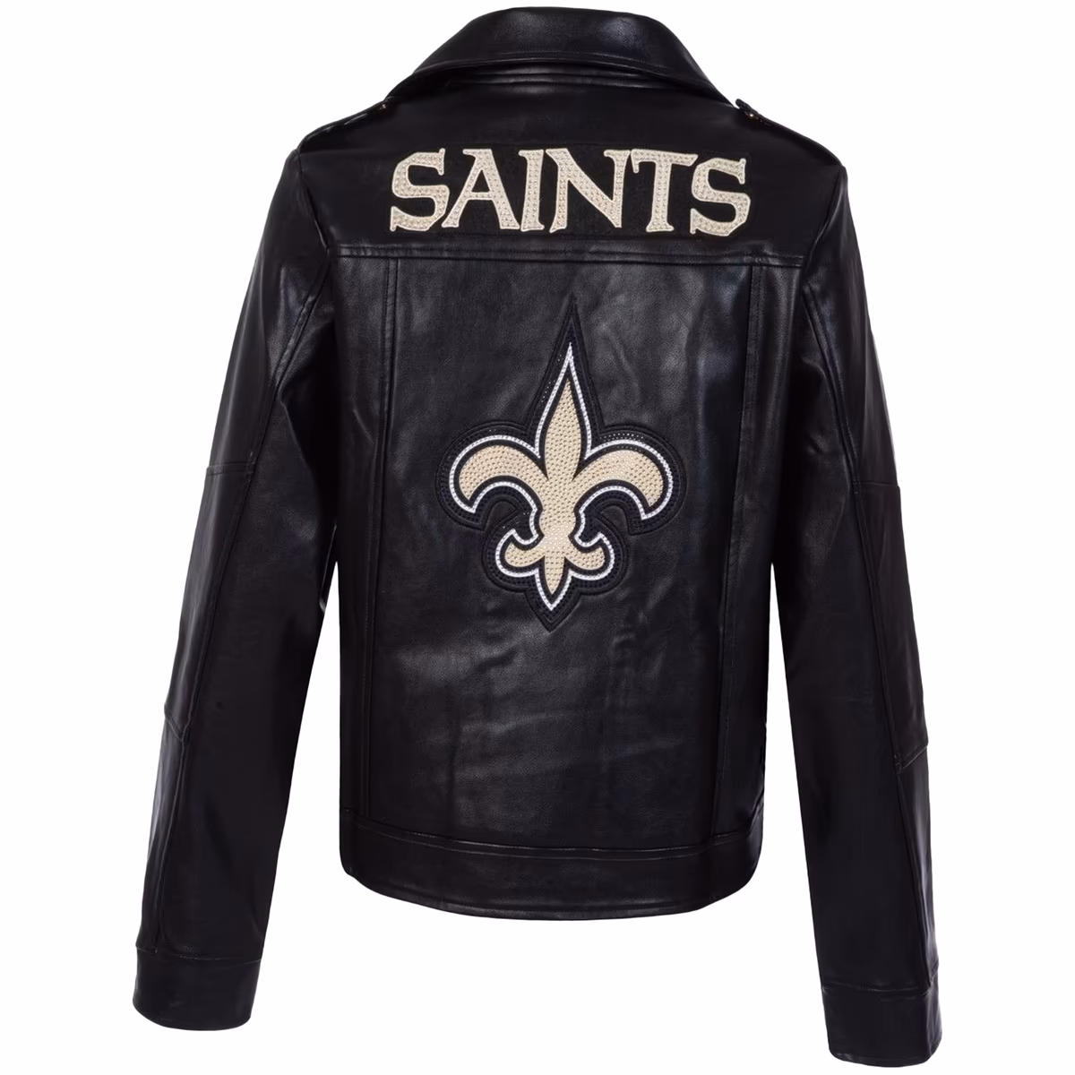 Women's Cuce Black New Orleans Saints Vegan Leather Full-Zip Moto Jacket with Rhinestones 4 Women's Cuce Black New Orleans Saints Vegan Leather Full-Zip Moto Jacket with Rhinestones