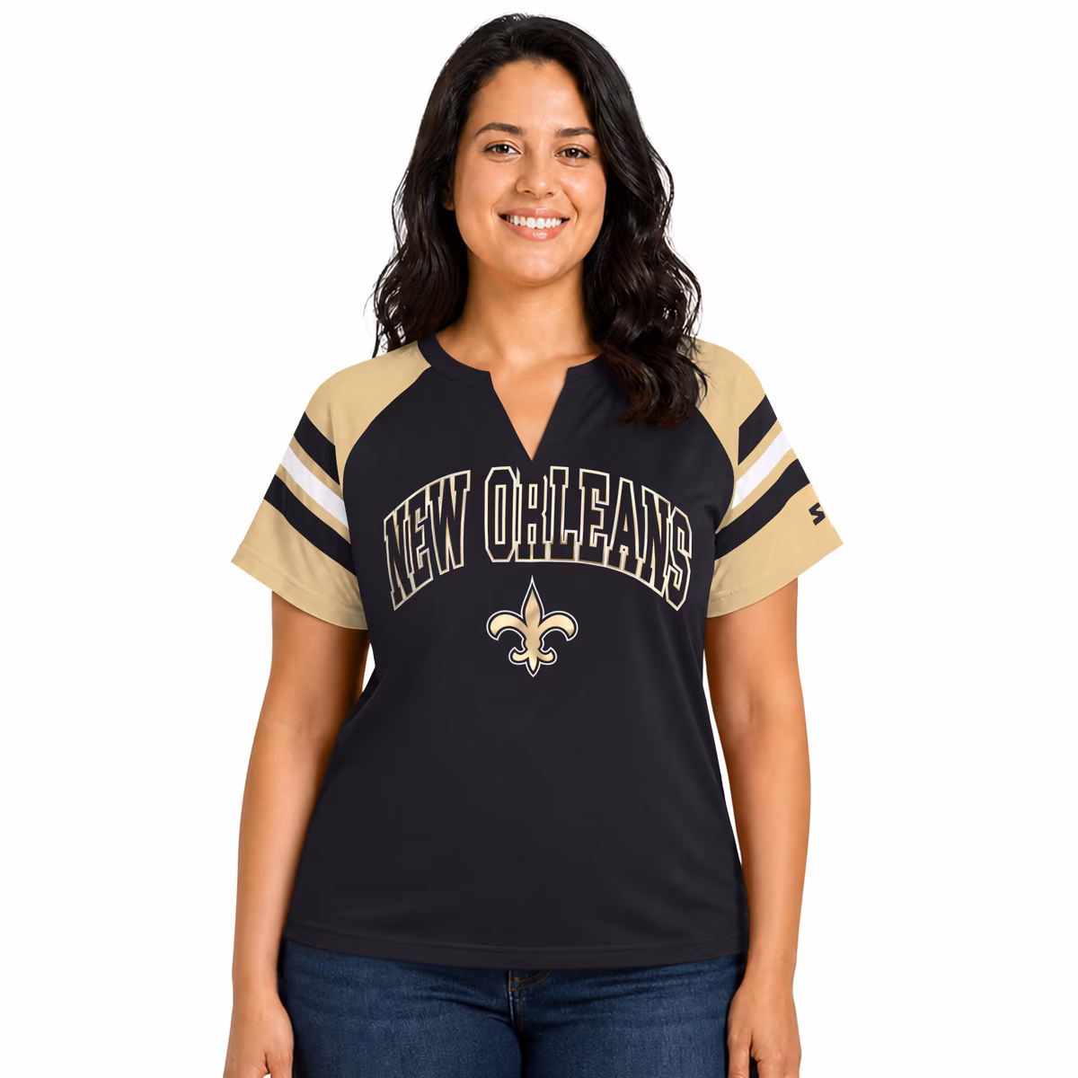 Women's Starter  Black New Orleans Saints Plus Size Game On Notch Neck Raglan T-Shirt